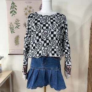 Vintage 80s 90s Checkered Floral Oversized Pullover Sweater Retro Soft Girl S